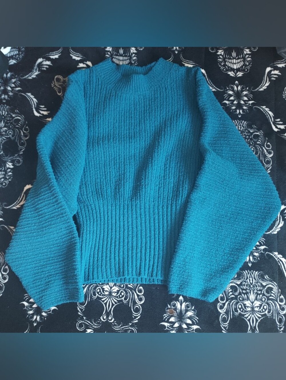 Pink Rose Teal Ribbed Crewneck Sweater